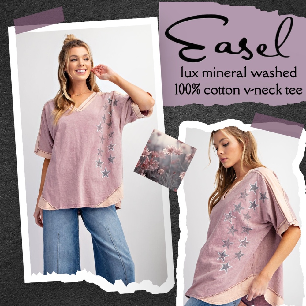 EASEL Lux 100% Cotton Mineral Washed Star Print Tee V-Neck Decorative Stitching